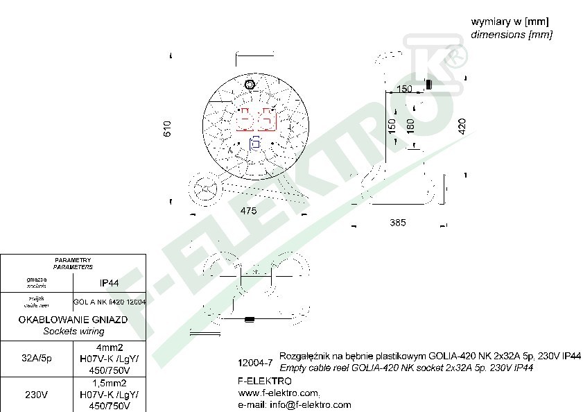 Rozgałęźnik bębnowy, GOLIA-420 NK 2x16A - 12004-2